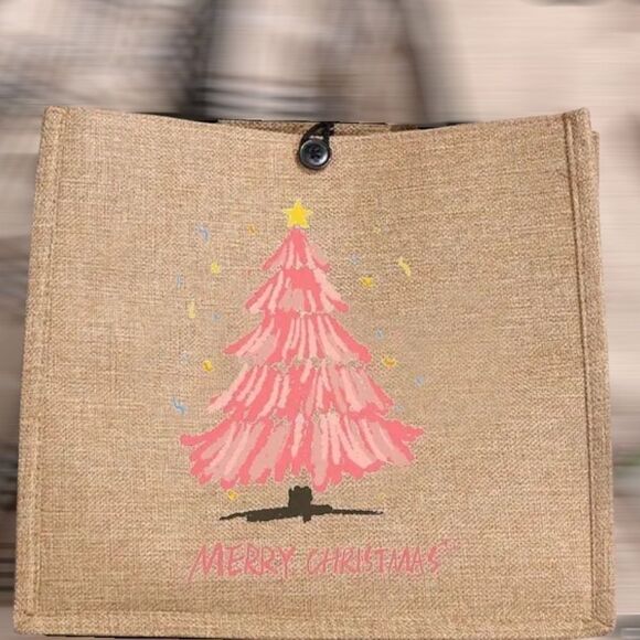 Festive Pink Christmas Tree Jute Tote With Makeup Bag - Picture 2 of 7